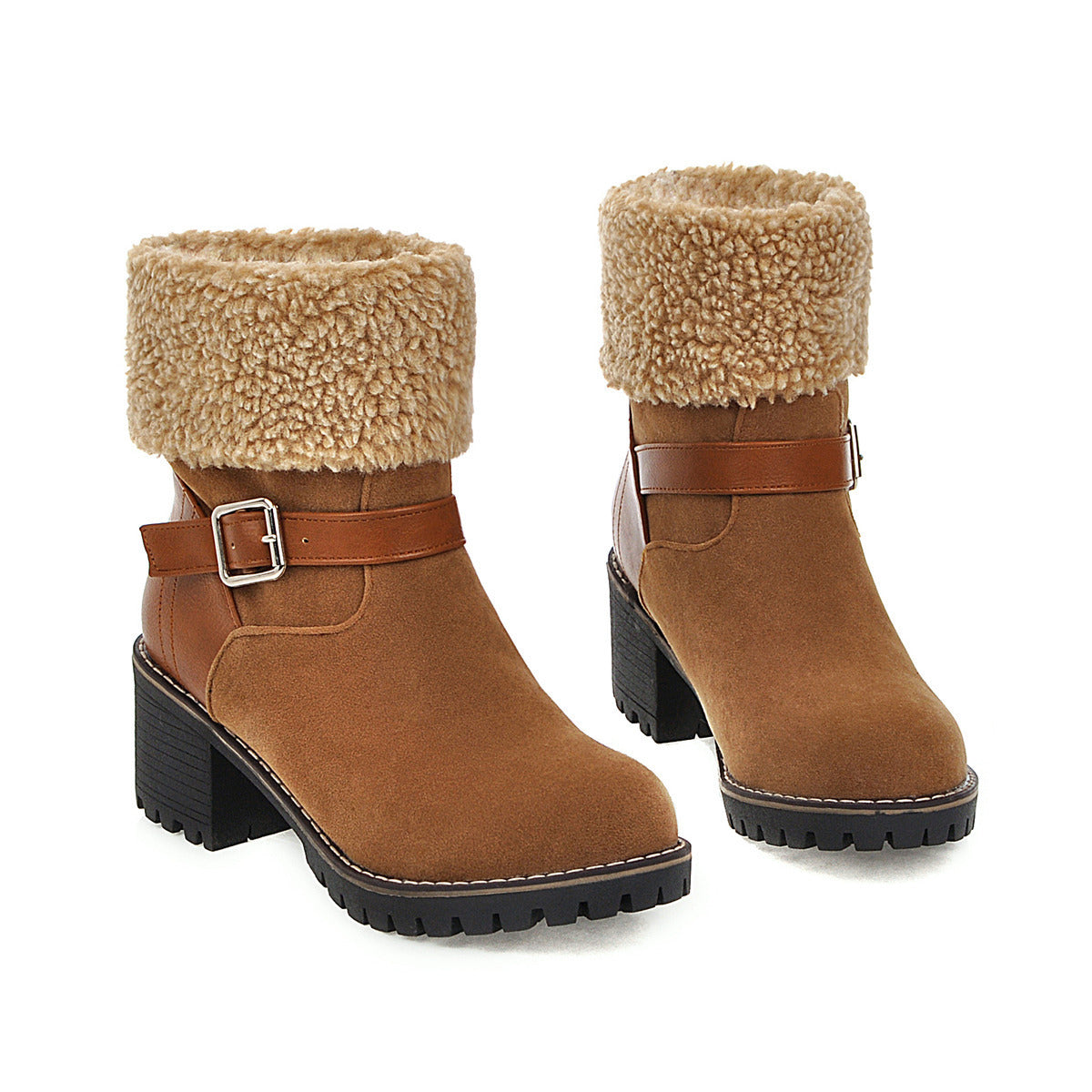Women's Round Toe Short Boots with Thick Heel and Buckle