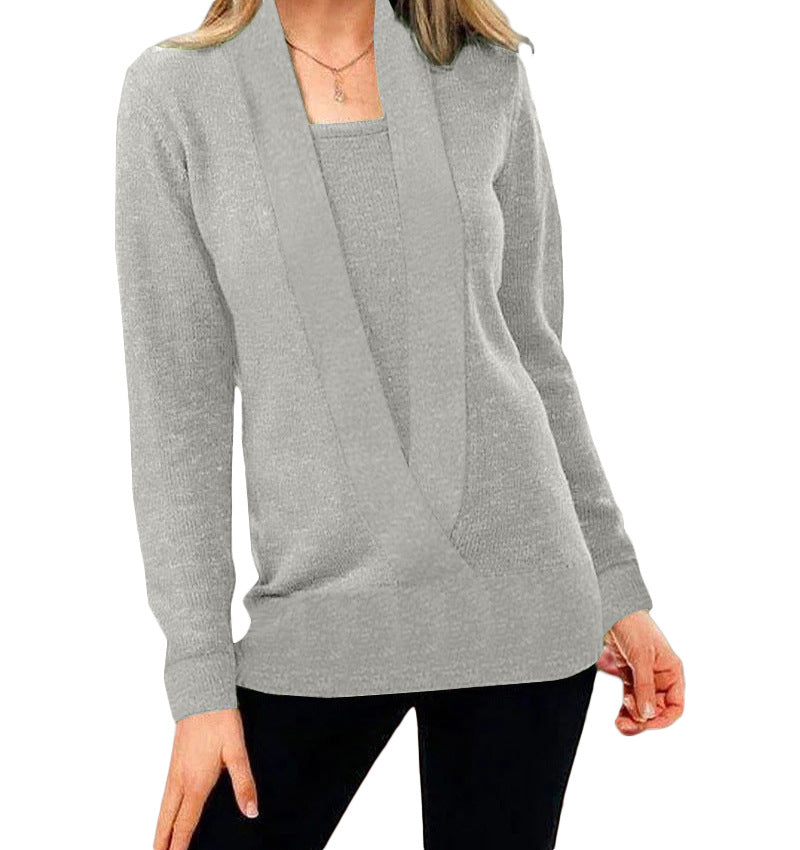 Women’s Knitted Solid Color Deep V-neck Sweater