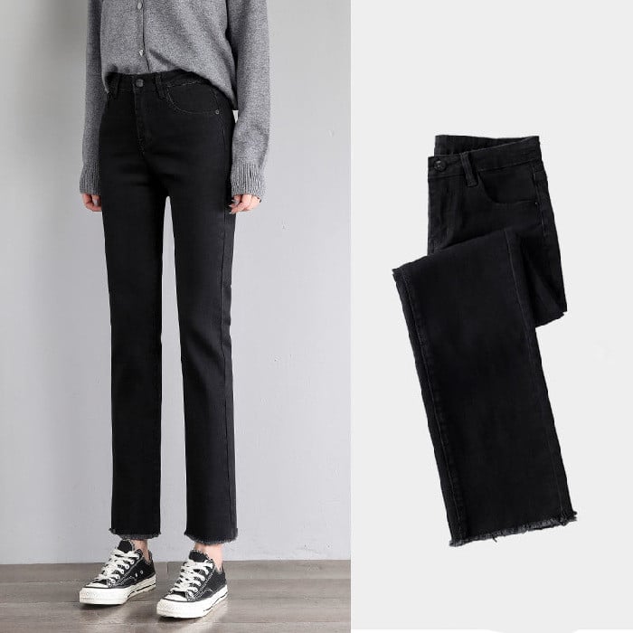 Cropped High Waist Slim Black Straight-leg Jeans