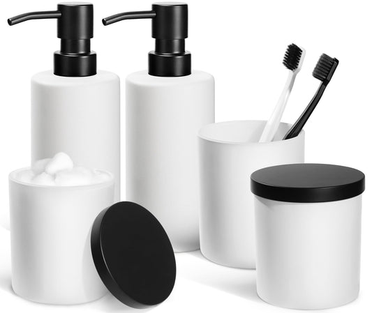 ALPIRIRAL White Bathroom Accessories Set 5 Pcs Bathroom Accessories Set Glass Soap Dispenser and Toothbrush Holder Set Qtip Holder and Cotton Ball Holder Modern Bathroom Decor Sets