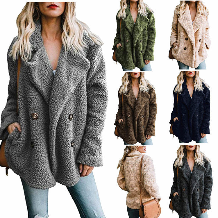 Women’s Plush Pocketed Coat with Lapel Design