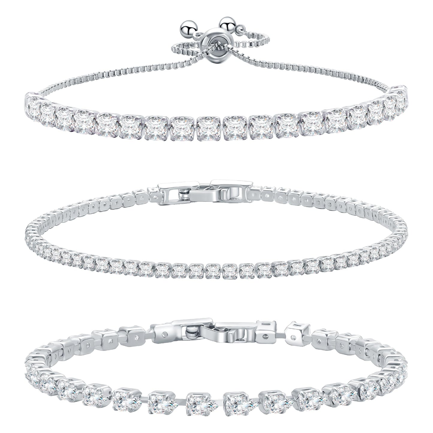 14K Silver Plated Tennis Bracelet Cubic Zirconia Classic Adjustable Bracelet Silver Bracelets for Women Birthday Valentine Mothers Day Jewelry (GSZH-003)