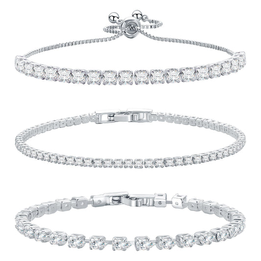 14K Silver Plated Tennis Bracelet Cubic Zirconia Classic Adjustable Bracelet Silver Bracelets for Women Birthday Valentine Mothers Day Jewelry (GSZH-003)