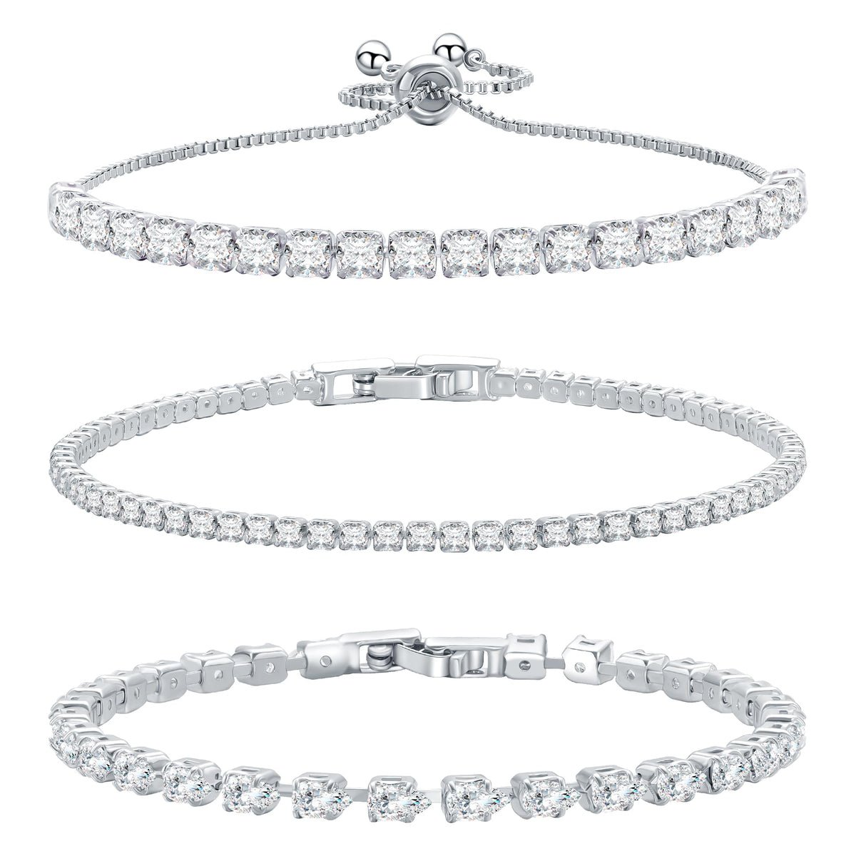 14K Silver Plated Tennis Bracelet Cubic Zirconia Classic Adjustable Bracelet Silver Bracelets for Women Birthday Valentine Mothers Day Jewelry (GSZH-003)