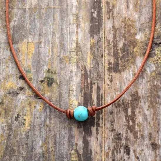 Natural Stone Turquoise Leather Woven Necklace