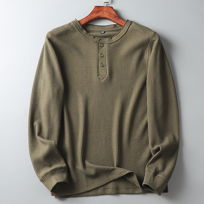 Men's Casual Long Sleeve T-Shirt in Solid Color Waffle
