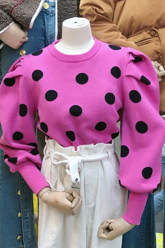 2020 Fall Women’s Bubble Sleeve Polka Dot Knit Sweater