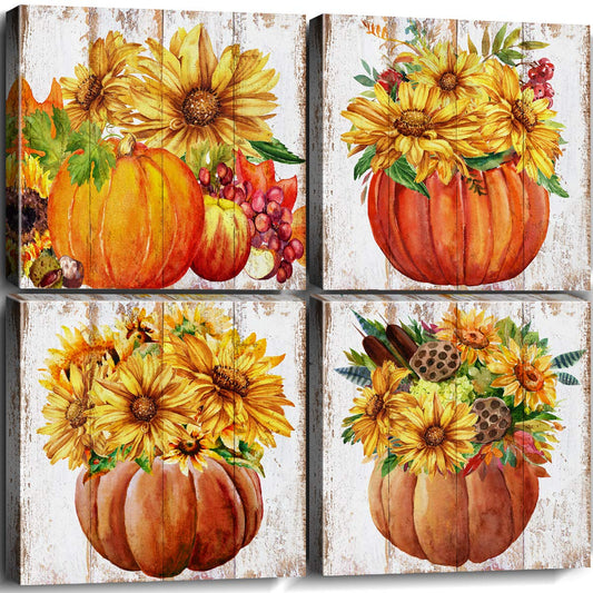 Fall Canvas Wall Art for Kitchen Living Room Farmhouse Sunflower Pumpkin Pictures Wall Decor Halloween Artwork Rustic Autumn Harvest Painting Prints Dining Room Thanksgiving Home Decorations 12x12" 4P