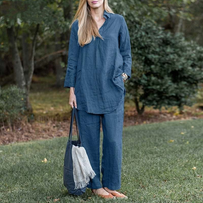 2023 Elegant Casual Loose Shirt and Wide Leg Pants Set