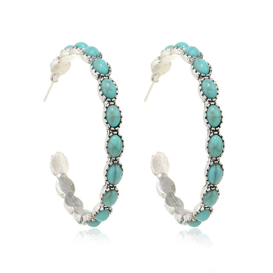 Bohemian Vintage Turquoise Oval Flower Drop Dangle Earrings Geometric Ethnic Teardrop Earrings Western Cowgirl Statement Jewelry-hoop