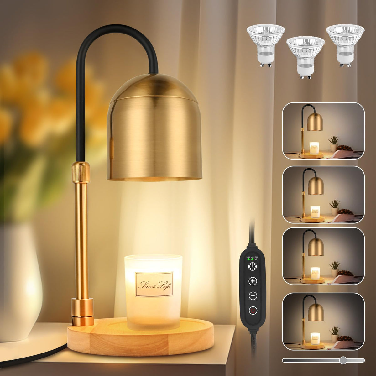 tudepz Candle Warmer Lamp with Timer & 3 Bulbs Dimmable Electric Candle Light Adjustable Height and Brightness Candle Wax Warmer for Jar Candles Bedroom Home Decor House Warming Gift (Round Gold)