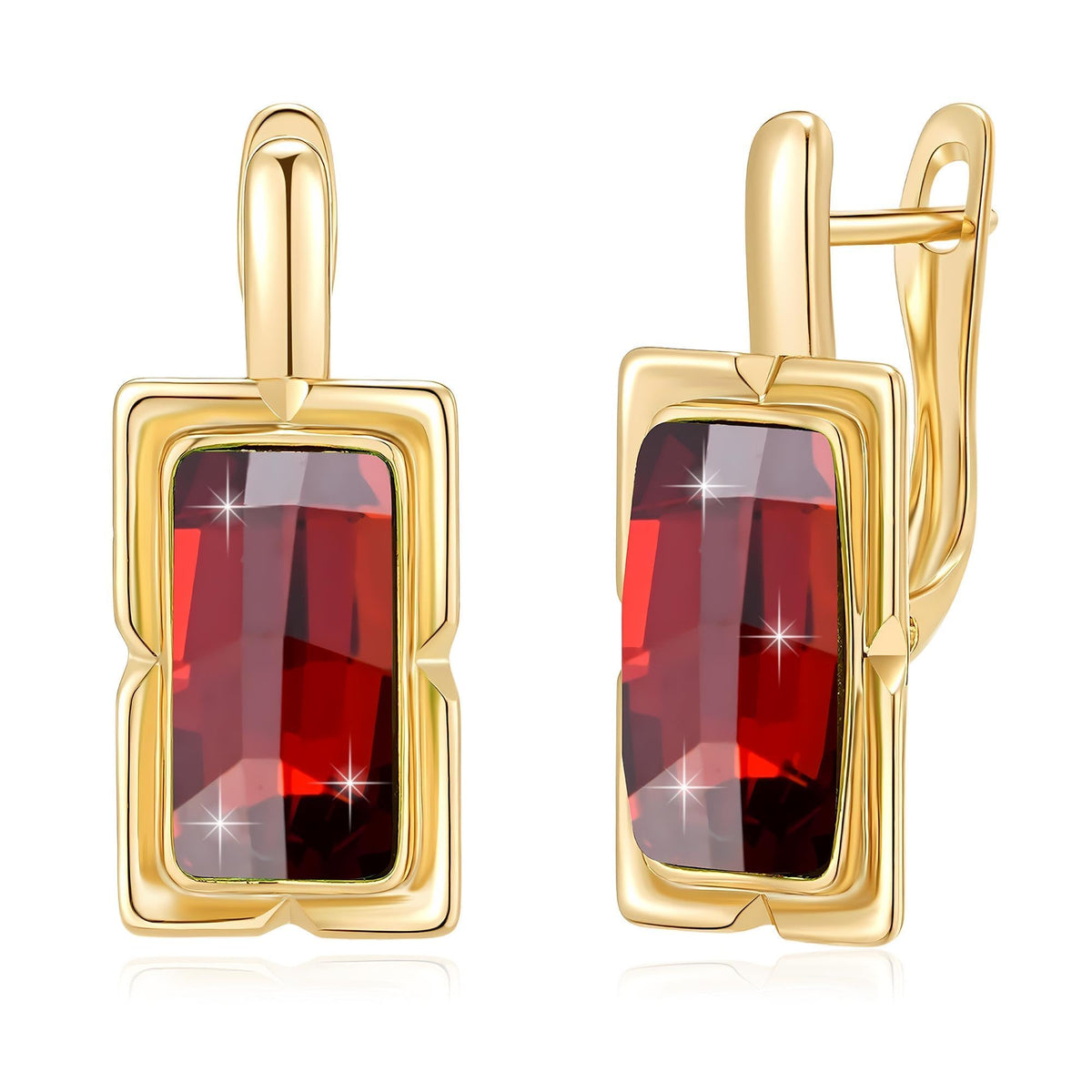 Austrian Crystal Rectangular Leverback Drop Earrings for Women 14K Rose Gold Plated Hypoallergenic Jewelry (Red)