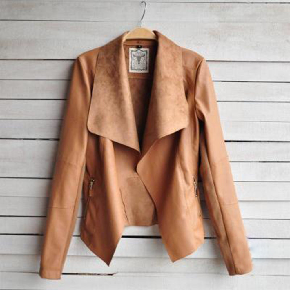 Plus Size Women’s Lapel Leather Jacket (In Stock)