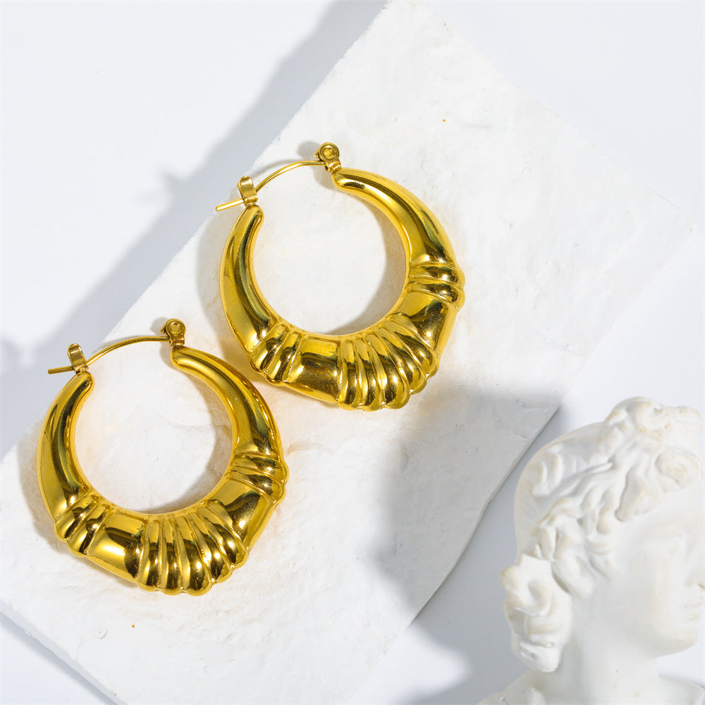 French Style Minimalist Bamboo Hoop Earrings in Titanium Steel