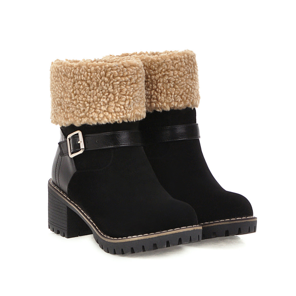 Women's Round Toe Short Boots with Thick Heel and Buckle