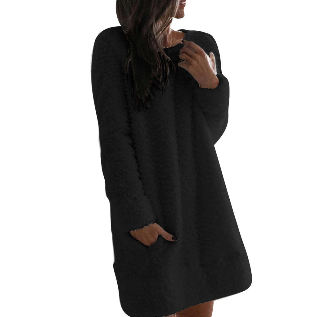 Women’s Casual Plush Round Neck Pocket Dress